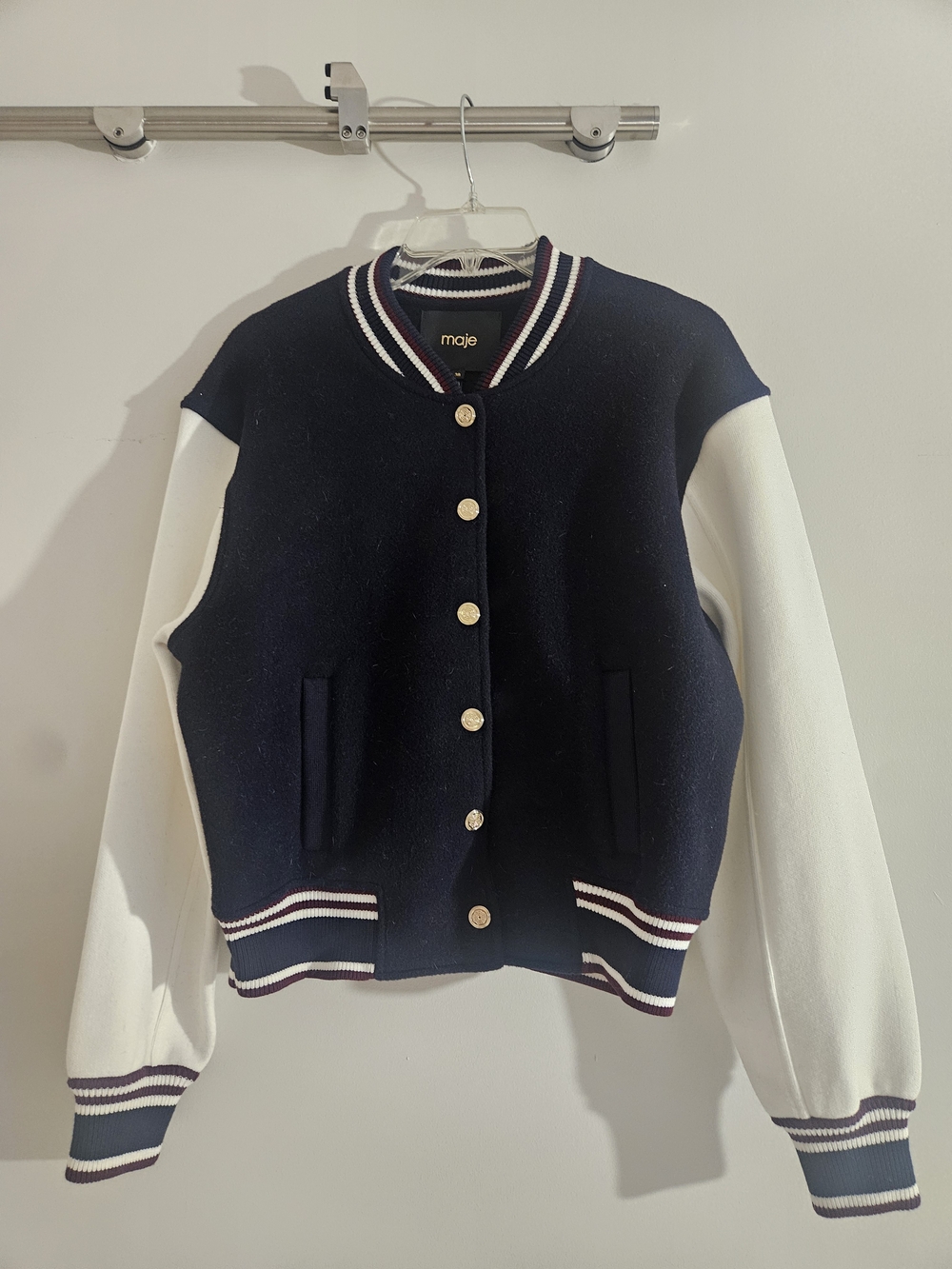 Maje Navy Body with White Sleeves Mixed-Fabric Bomber Jacket - Picture 3 of 5